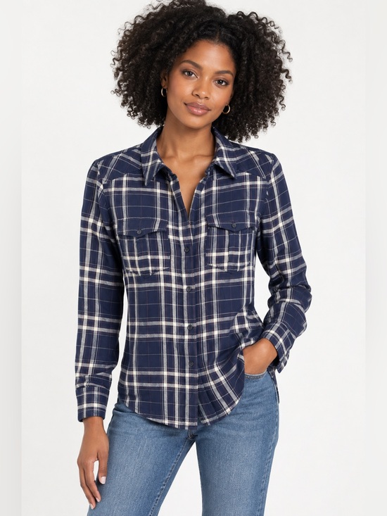 PAIGE Tops - PAIGE Navy Plaid Button Down Shirt Western Soft Viscose Blouse Flannel Style S